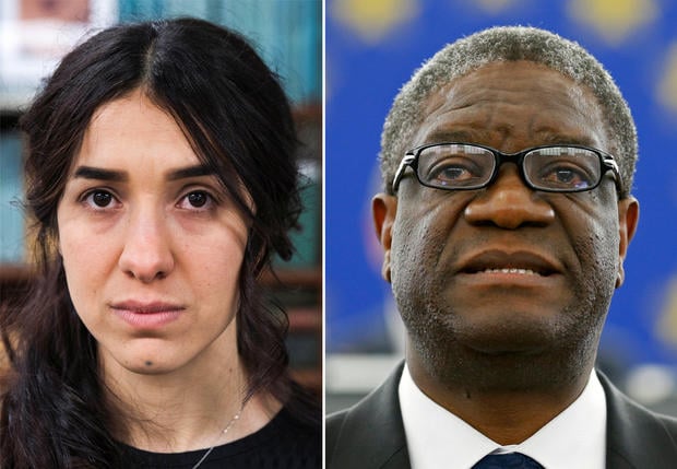 A combination picture shows the Nobel Prize for Peace 2018 winners: Yazidi survivor Nadia Murad posing for a portrait at United Nations headquarters in New York