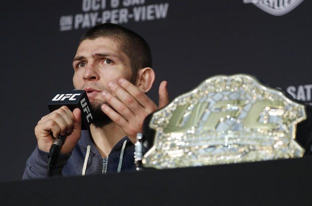 Khabib Nurmagomedov speaks at a news conference after the UFC 229 mixed martial arts event Saturday
