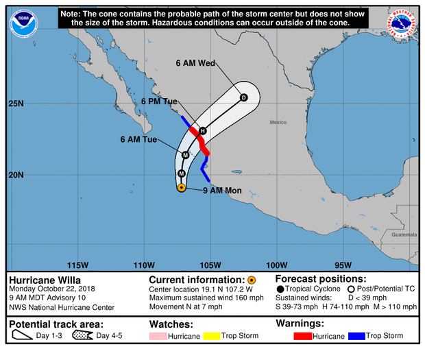 A map made by the U.S. National Hurricane Center shows the projected path for Hurricane Willa as of 11 a.m. ET on Oct. 22, 2018. 