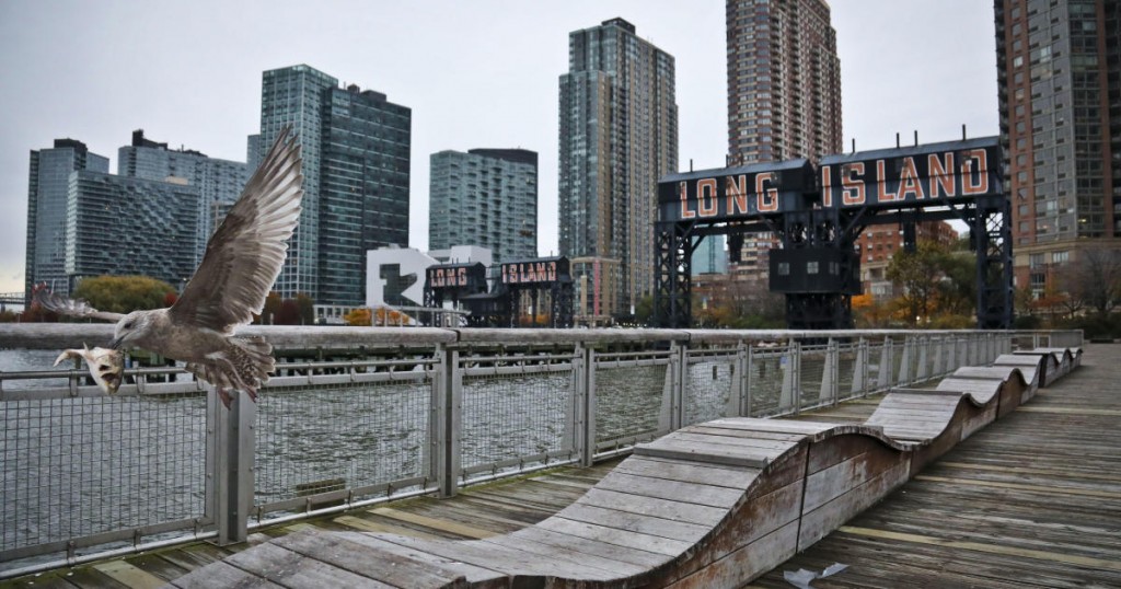 A sea gull flies off holding fish scraps near a former dock facility