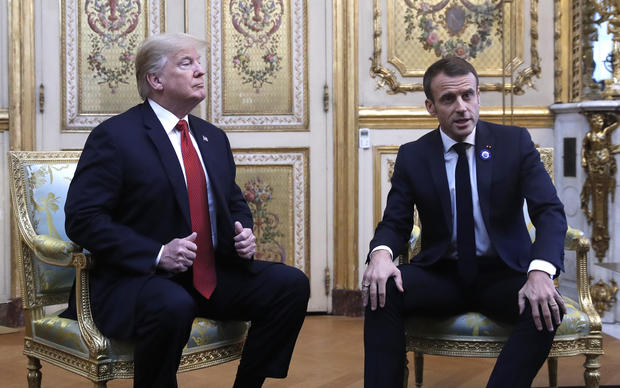 President Donald Trump meets with French President Emmanuel Macron inside the Elysee Palace in Paris Saturday Nov. 10