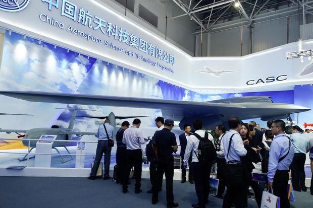 A model of CH-7 HALE Stealth Unmanned Reconnaissance Aircraft is seen on display at the Airshow China 2018 in Zhuhai