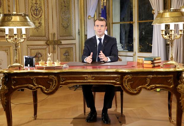 French President Emmanuel Macron speaks during a special address to the nation
