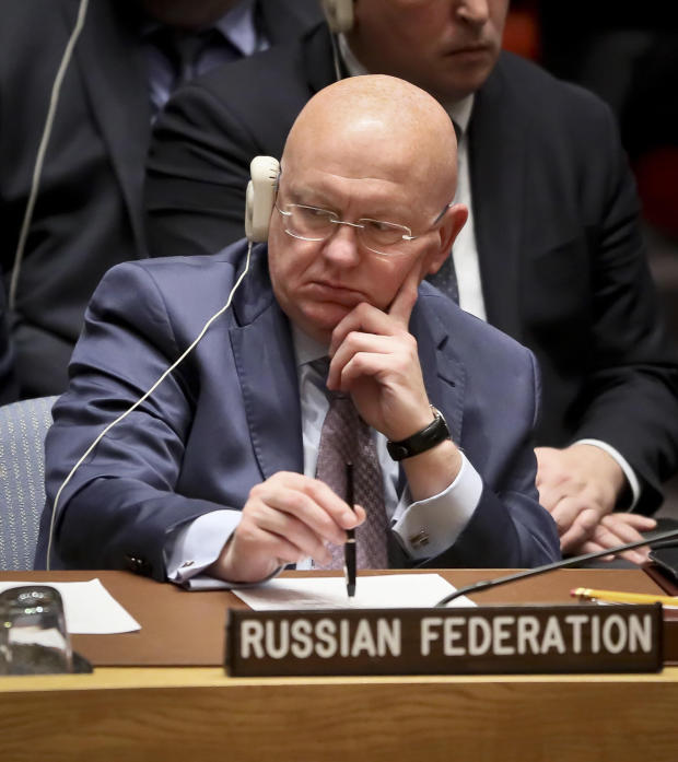 Russia's U.N. Ambassador Vassily Nebenzia listens