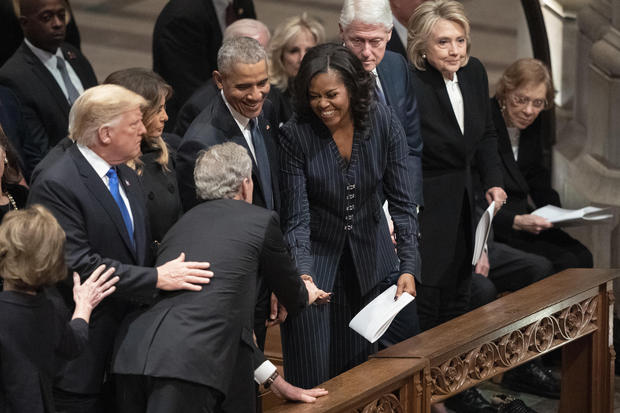 President George W. Bush and wife Laura Bush greets President Donald Trump