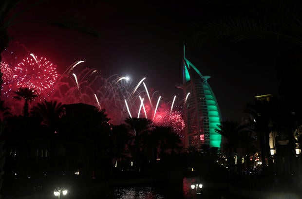 Fireworks over the Burj Al Arab hotel during the New Year celebrations in Dubai 