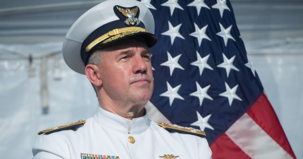 Admiral Karl Schultz speaks after becoming the Commandant of the US Coast Guard during a Change of Command ceremony at US Coast Guard Headquarters in Washington