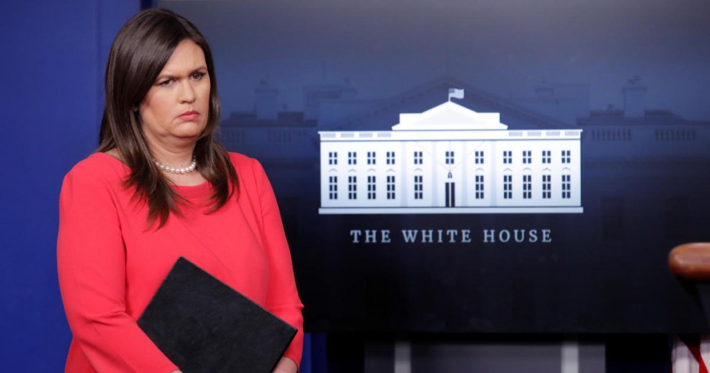 White House Press Secretary Sarah Huckabee Sanders waits to answer questions in the press briefing room as adminstration officials announce the Trump administration's economic sanctions against Venezuela and the Venezuelan state owned oil company Petroleos de Venezuela (PdVSA) at the White House in Washington