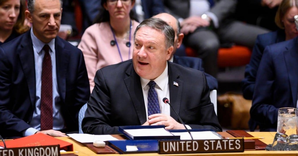 US Secretary of State Mike Pompeo speaks at a United Nations Security Council meeting on Venezuela