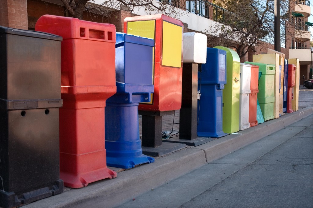 Colorful city roadside newsstands