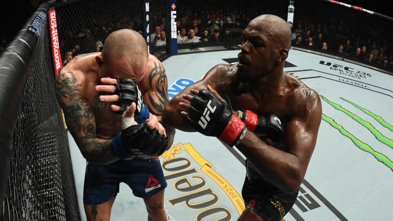 in their UFC light heavyweight championship bout during the UFC 235 event at T-Mobile Arena on March 2