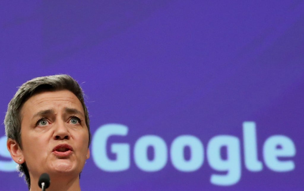 European Competition Commissioner Margrethe Vestager talks to the media at the European Commission headquarters in Brussels