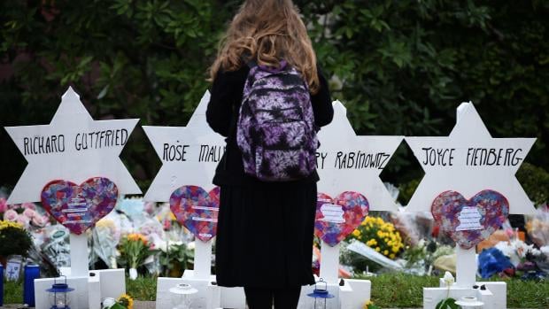 TOPSHOT - A woman stands at a memorial outside the Tree of Life synagogue after a shooting there left 11 people dead in the Squirrel Hill neighborhood of Pittsburgh on October 27. - Mourners held an emotional vigil Sunday for victims of a fatal shooting at a Pittsburgh synagogue
