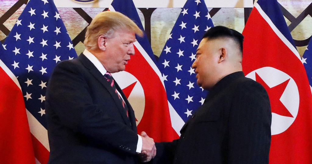 U.S. President Donald Trump and North Korean leader Kim Jong Un shake hands before their one-on-one chat during the second U.S.-North Korea summit at the Metropole Hotel in Hanoi