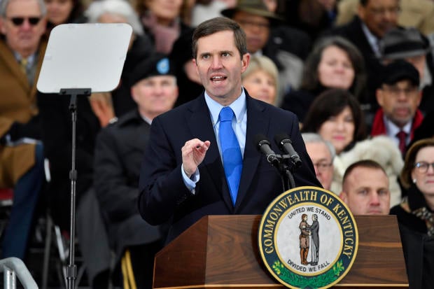 Kentucky Governor Andy Beshear addresses the crowd gathered to celebrate his inauguration at the Kentucky State Capitol in Frankfort