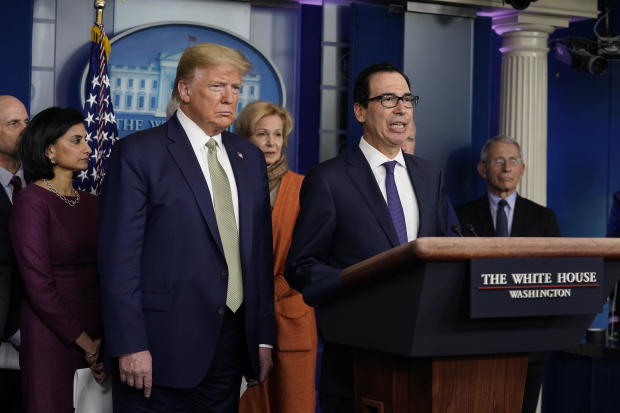 Treasury Secretary Steven Mnuchin speaks during a press briefing with the coronavirus task force