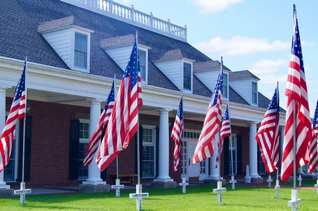 Flags and memorial crosses