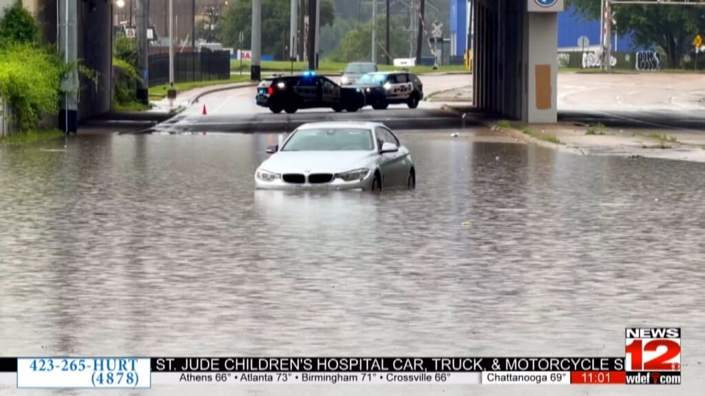 Car Partially Submerged In Rising Floodwaters