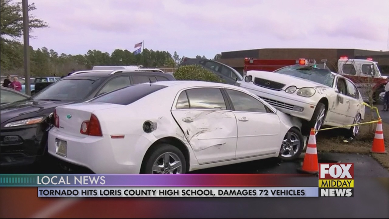 Tornado Destroys Cars in Loris High School Parking Lot WFXB