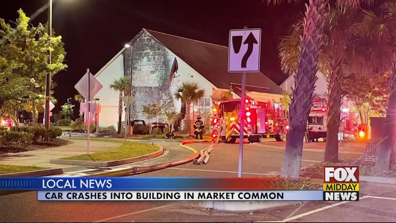 Car Catches Fire After Crashing into Building in Market Common - WFXB
