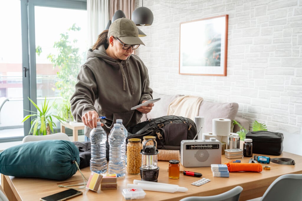 Woman Checking The List Of Emergency Survival Kit. Preparing For Disaster And Crisis At Home