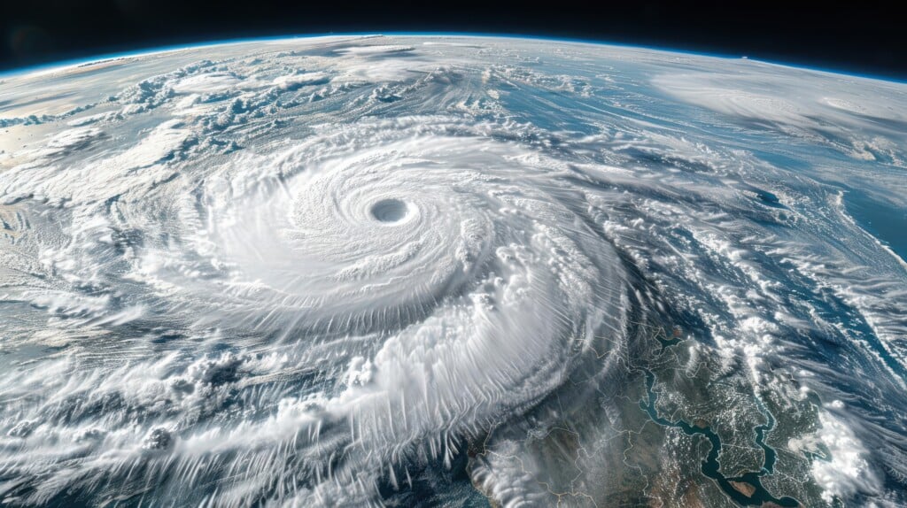 Satellite Image Of Hurricane Helene Forming Over The Atlantic Ocean, Swirling Clouds And Intense Weather Patterns