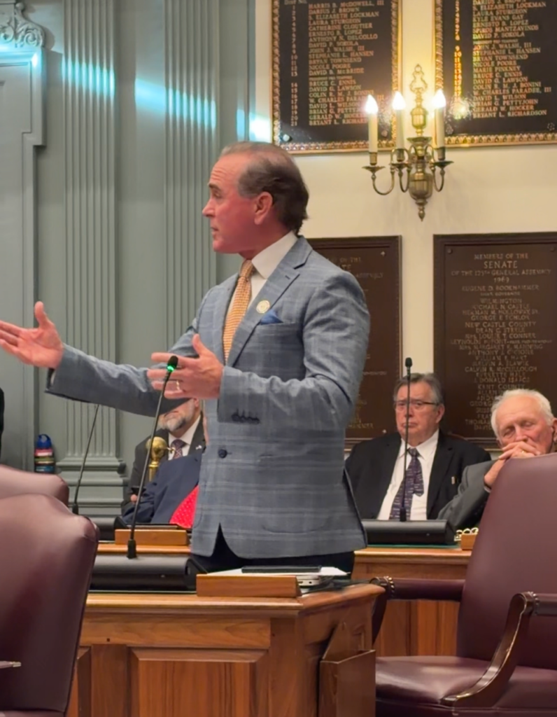 Senator Eric Buckson gesturing outwards while delivering response to Senator David Sokola on Delaware Senate Floor.
