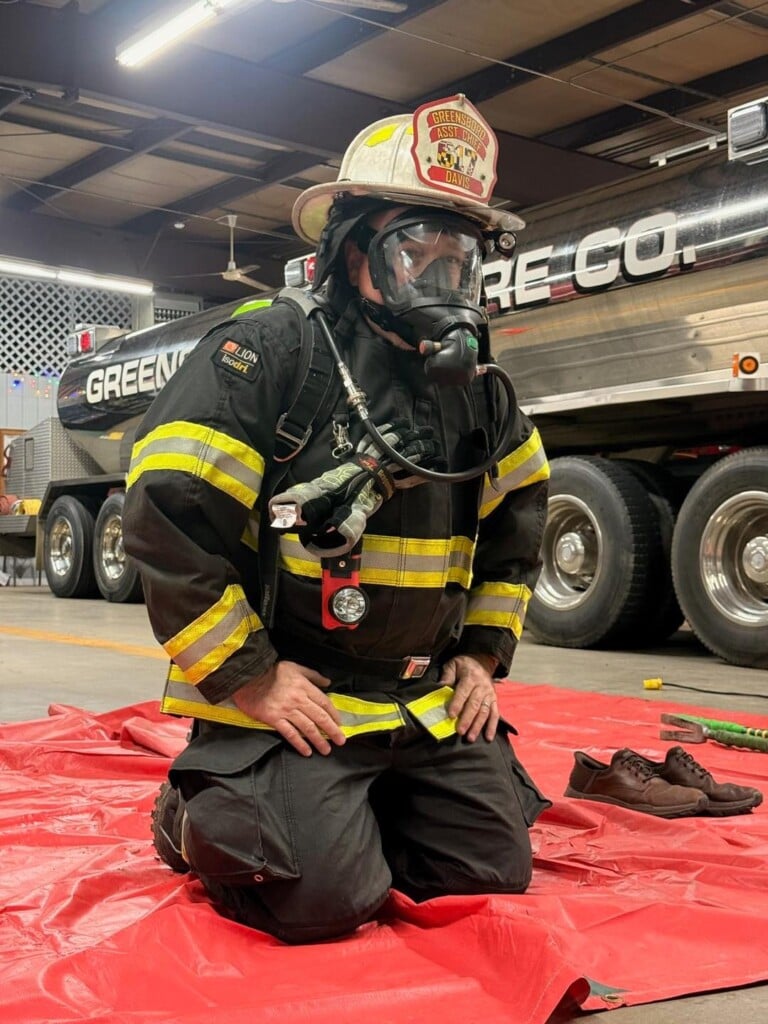 Greensboro Vol. Fire Co. Firefighter with gear on.