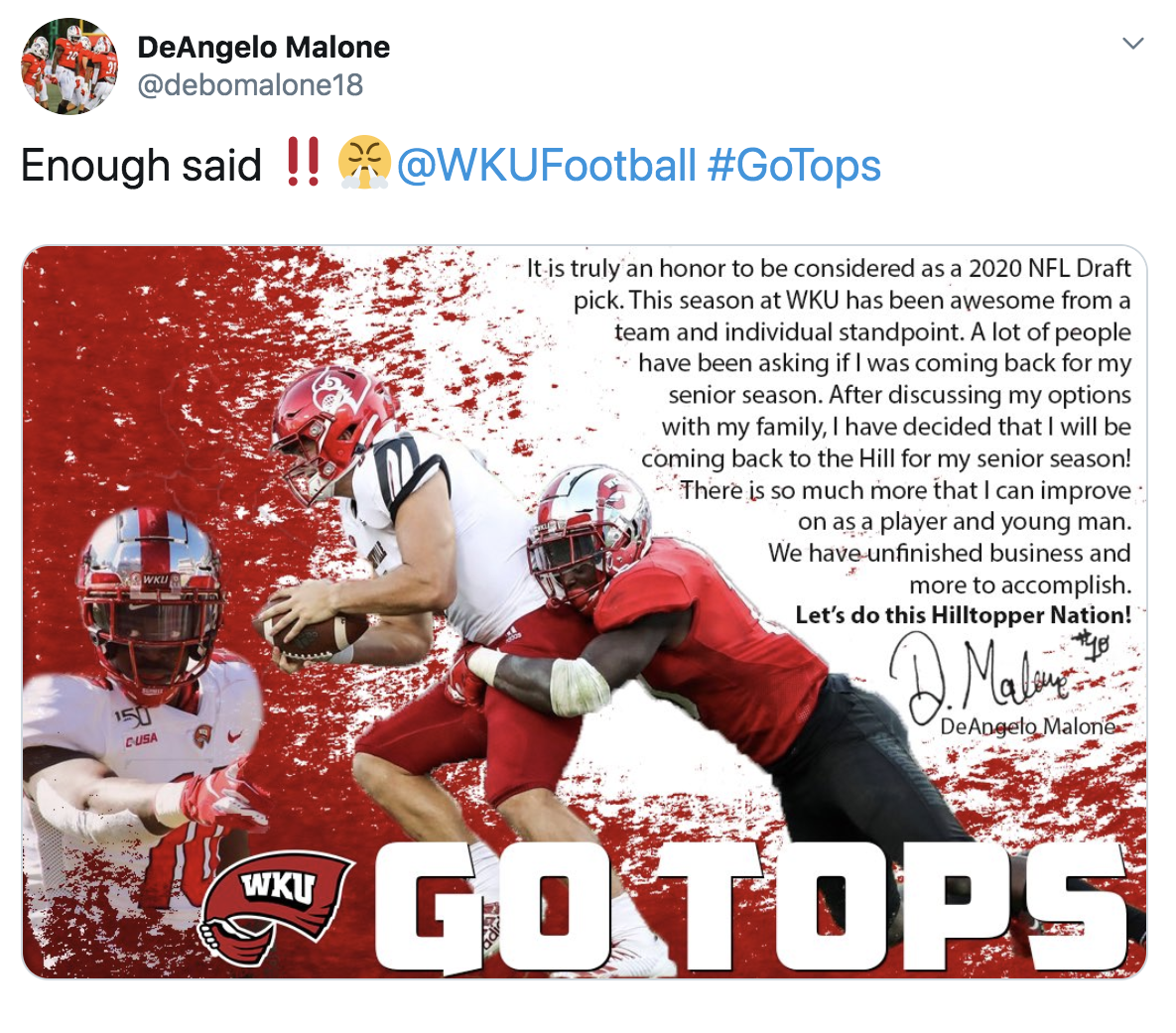Hilltoppers DE DeAngelo Malone Returning for Senior Year - WNKY News 40  Television