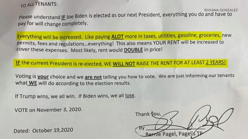Landlord Threatens Rent Hike If Biden Wins