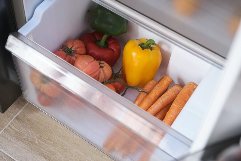 Fresh Vegetables In The Drawer Of The Opened Fridge.