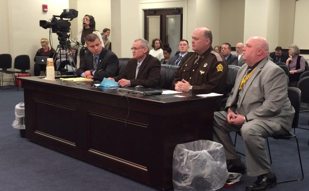 Franklin County Sheriff Pat Melton and state Rep. Gerald Watkins of Paducah testify before state House Judiciary Committee in Frankfort 2-24-16 on attempted murder of peace officer bill