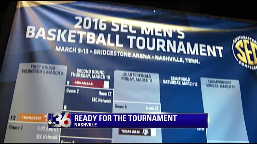 SEC Tournament banner in Bridgestone Arena in Nashville 3-9-16