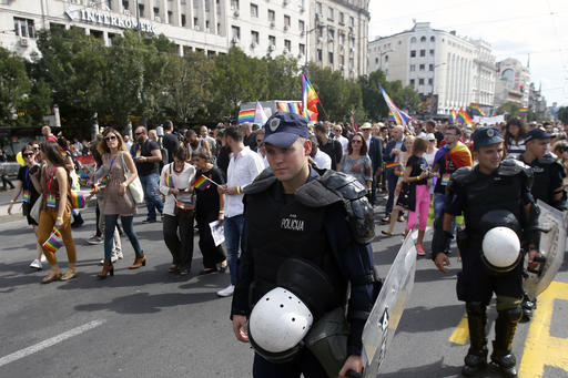 Serbian riot police guard Serbia's gay pride march in Belgrade