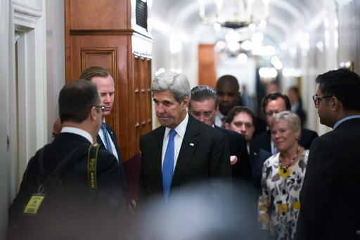 U.S. Secretary of State John Kerry arrives to greet Prime Minister Nawaz Sharif of Pakistan during a bilateral meeting Monday