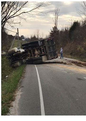 Dump Truck overturns in ditch trying to avoid collision on Curtis Pike in Madison County 11-28-16