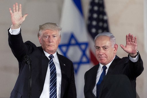 ALT CROP - US President Donald Trump and Israeli Prime Minister Benjamin Netanyahu wave at the Israel museum in Jerusalem