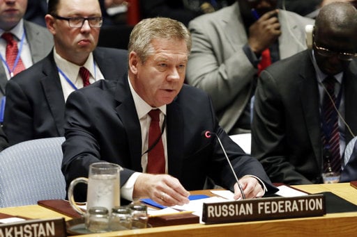 CORRECTS TITLE TO DEPUTY FOREIGN MINISTER - Russia's Deputy Foreign Minister Gennady Gatilov delivers his remarks in the Security Council at United Nations headquarters