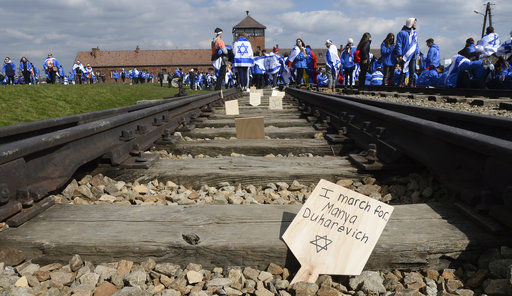 Participants of the yearly March of the Living place memory plaques on the rails in the former German Nazi Death Camp Auschwitz-Birkenau