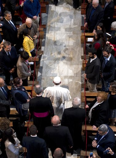 Pope Francis arrives to the Basilica of St. Bartholomew in Rome