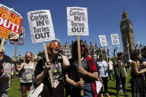 People demonstrate in Parliament Square against the  possible Conservative and DUP coalition government following the Britain's general election result