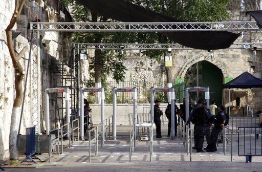 Israeli police officers are seen outside the Al Aqsa Mosque compound in Jerusalem's Old City