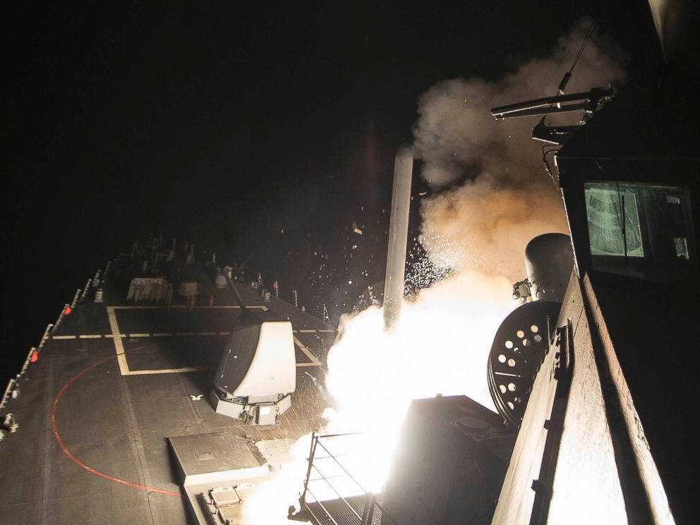 PHOTO: The USS Ross fires a tomahawk land attack missile at Shayrat Airfield in Syria, April 7, 2017.