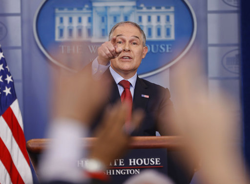 EPA Administrator Scott Pruitt points as he answers questions from members of the media during the daily briefing in the Brady Press Briefing Room of the White House in Washington