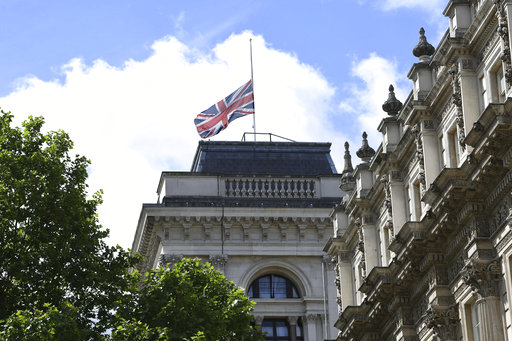 The Union flag flies at half mast in Whitehall