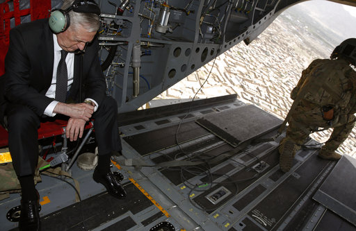 U.S. Defense Secretary Jim Mattis checks his watch as he arrives via helicopter at Resolute Support headquarters in Kabul