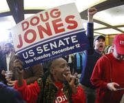 Supporters of Democratic candidate for U.S. Senate Doug Jones react as they watch results during an election-night watch party Tuesday