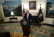 President Donald Trump speaks in the Diplomatic Room at the White House