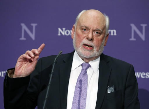 Fraser Stoddart speaks at a news conference at the Rebecca Crown Center at Northwestern University