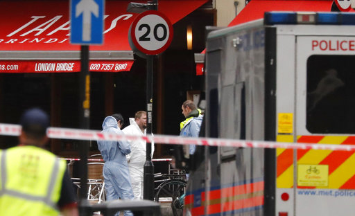 Police guard a cordon as forensic officers work in the London Bridge area of London